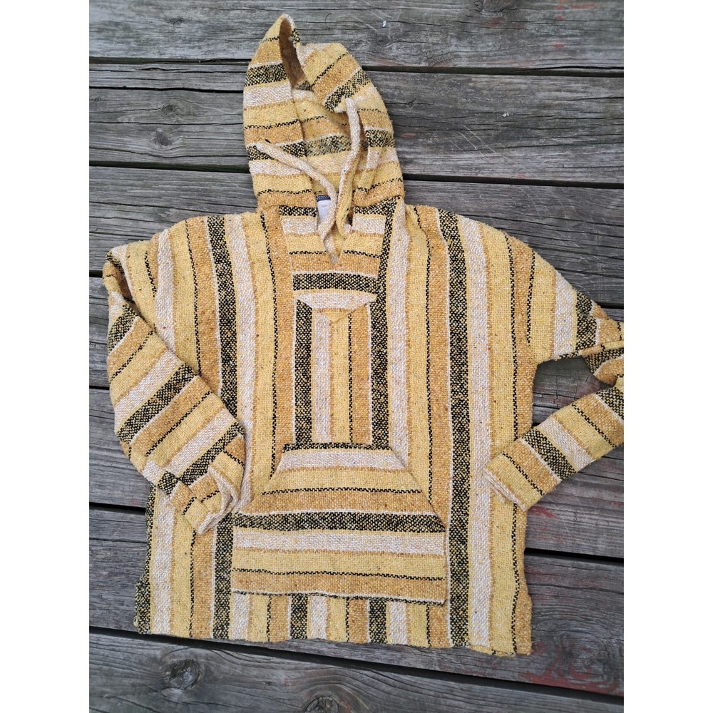 Artesanias Mexican Baja Hoodie Mens M Gold & Black Striped Pullover Drug Rug M/f